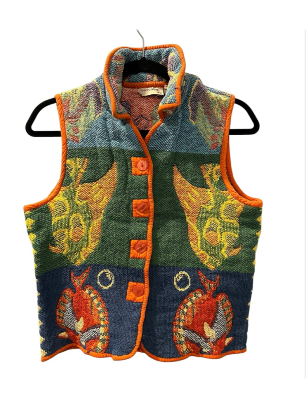 Vintage 80s 90s Resort Wear Fish Tapestry Vest Artsy Wearable Art Knit Boho Sz L
